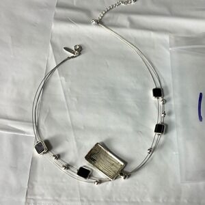 Modern Silver Tone Necklace With Black Square Stones and Rectangular Pendant